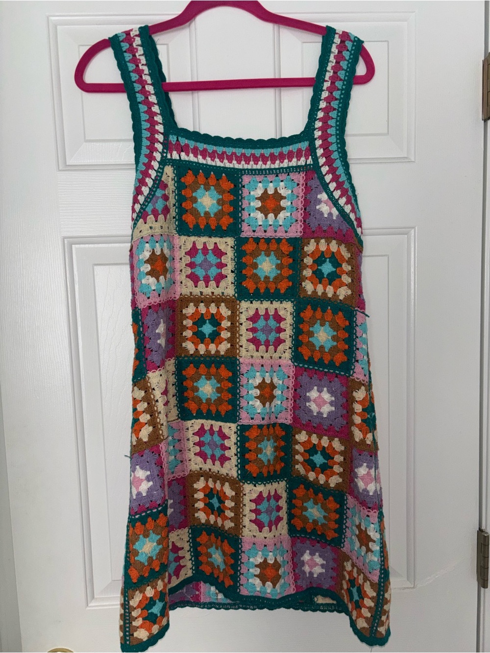 Crochet Patchwork Mini Dress in Teal, Purple, Orange
